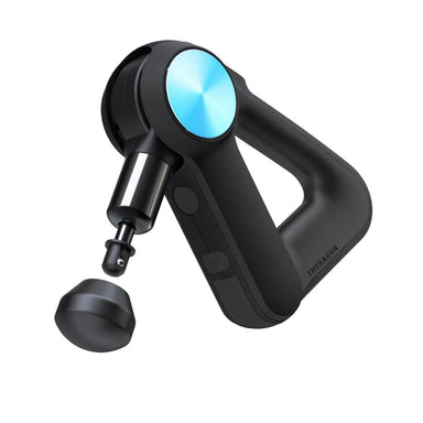 Therabody black massage gun with blue accent and detachable massage head for muscle relief