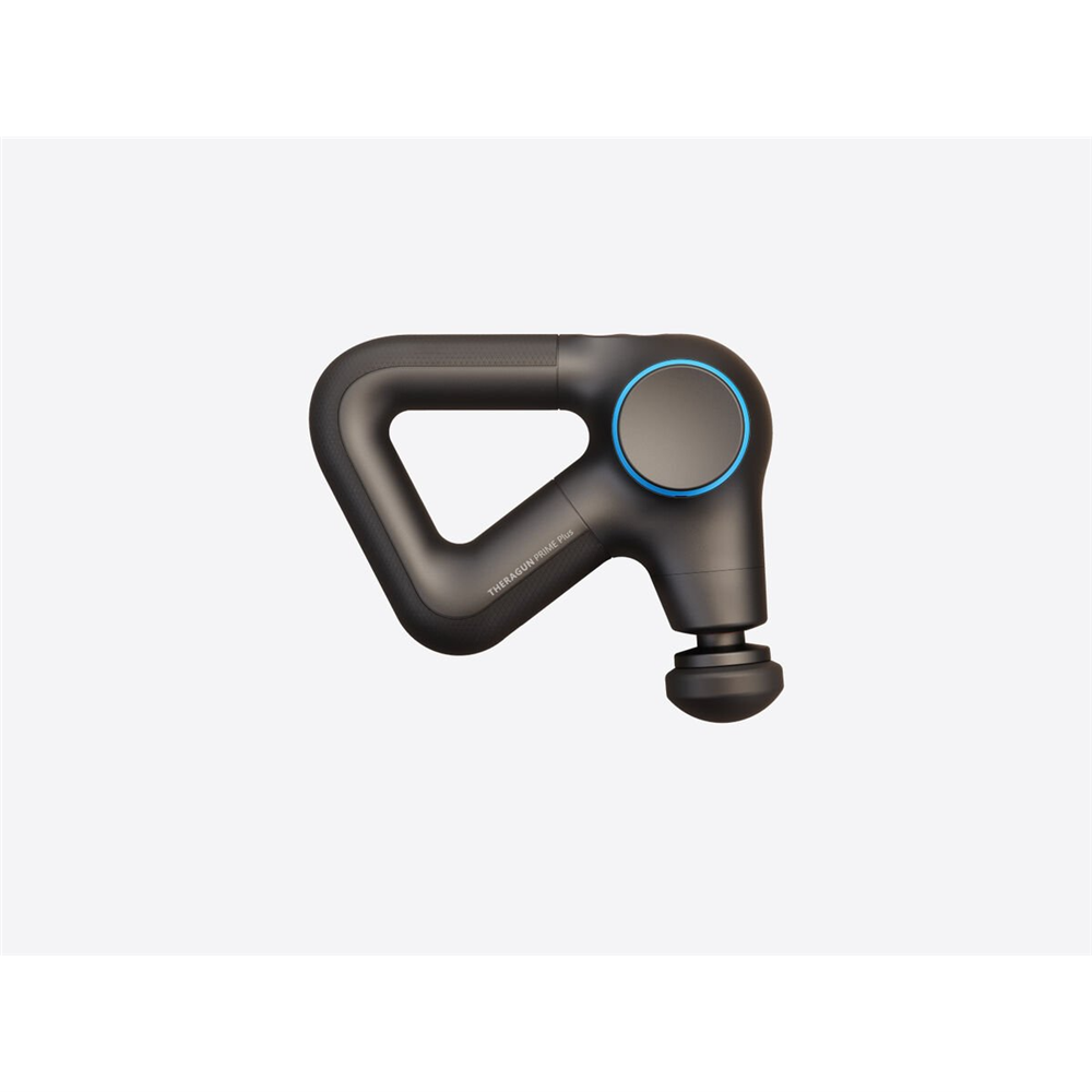 Therabody black massage gun with triangular handle and blue accent ring for muscle relief