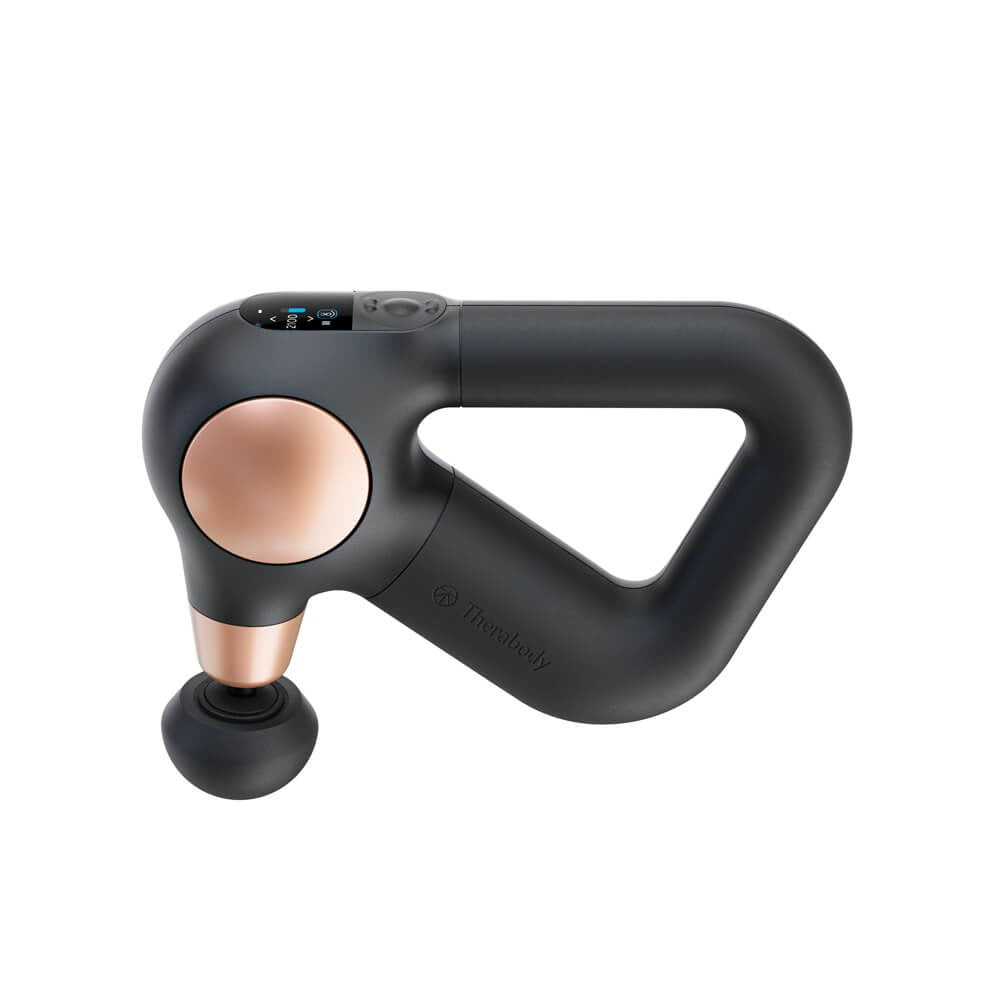 Therabody massage gun in black with rose gold accents and ergonomic handle for deep muscle treatment 