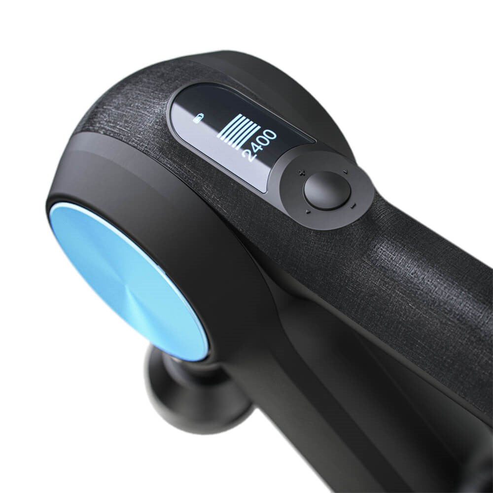 Therabody massage gun in black with blue accent and digital display showing speed setting