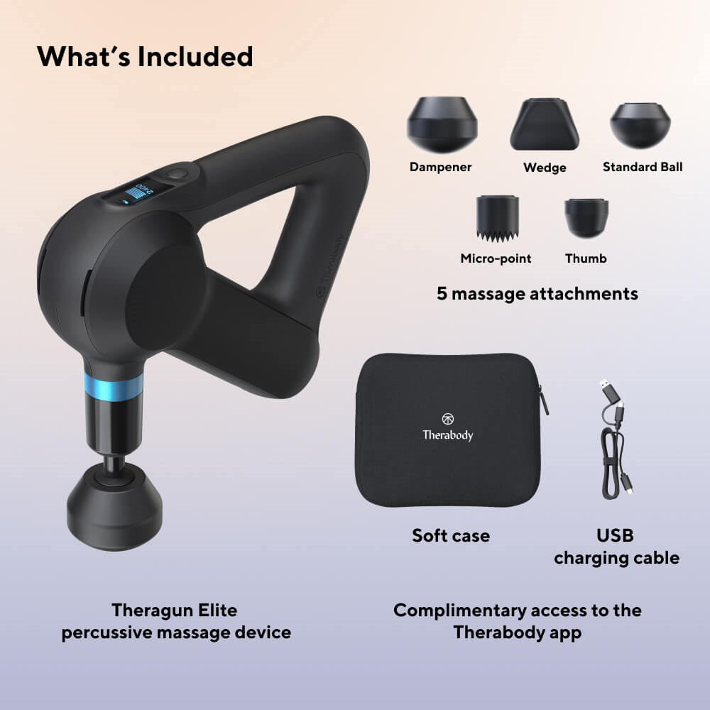 Therabody massage gun with five attachments, soft carrying case, and USB charging cable