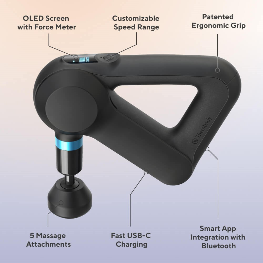 Therabody massage gun with OLED screen force meter, customizable speed, ergonomic grip, and Bluetooth app integration