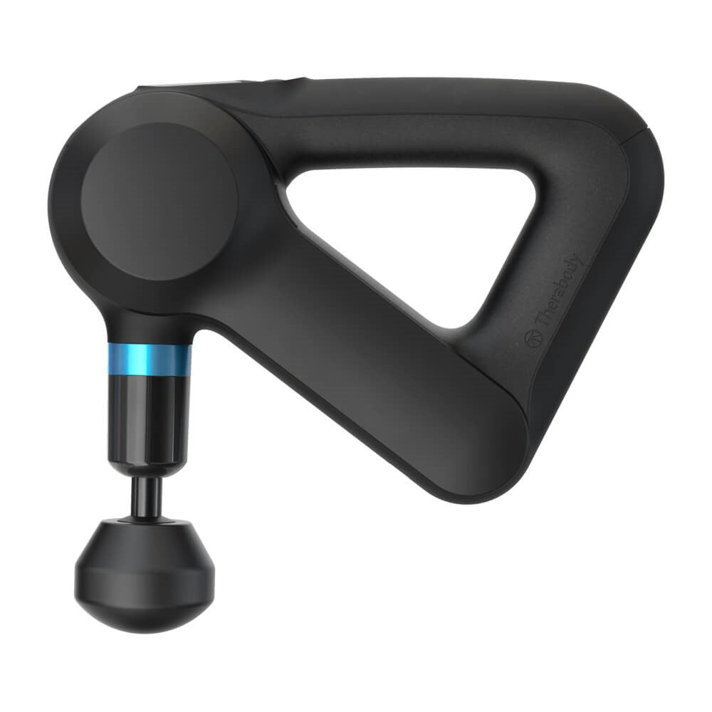 Therabody black massage gun with ergonomic triangular handle and round attachment head