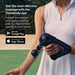 Therabody massage gun held by woman in white sleeveless top with app download info for personalized massage routines