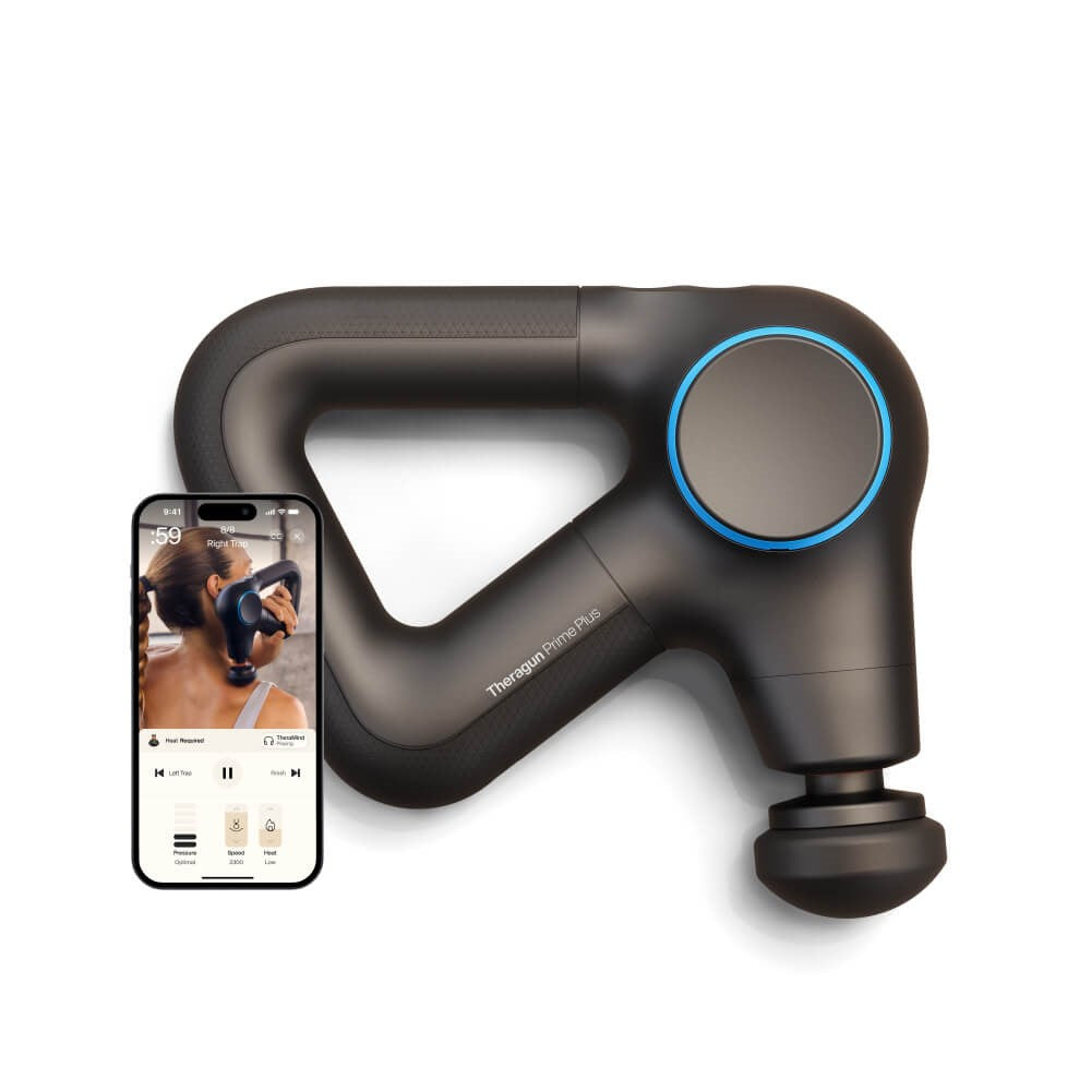 Therabody massage gun in black with blue accent and smartphone showing app control