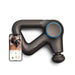Therabody massage gun in black with blue accent and smartphone showing app control