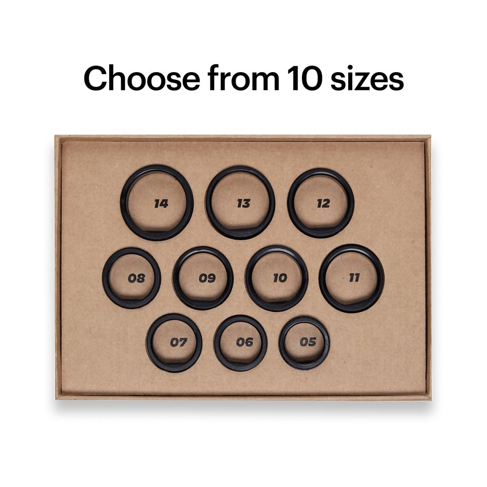 Ultrahuman smart ring sizing kit with 10 black ring sizes on a brown tray for accurate fit