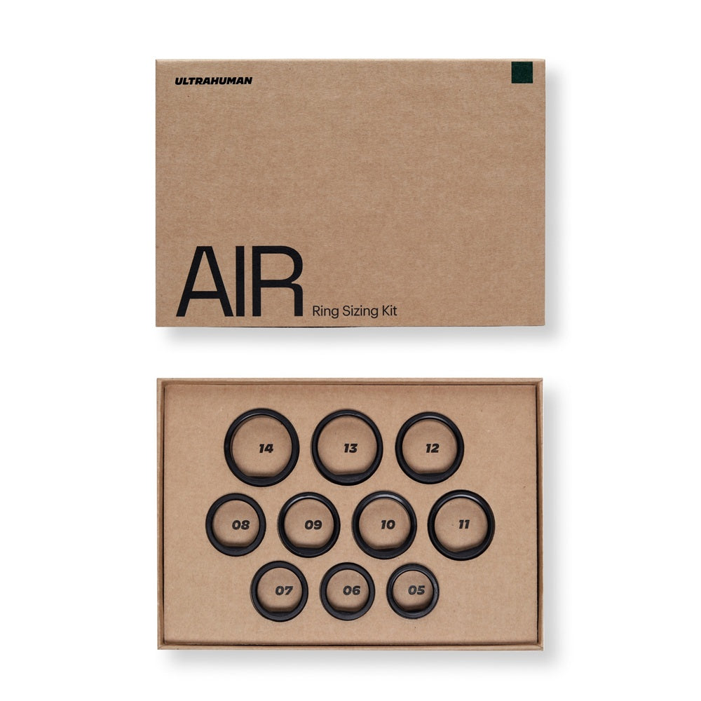 Ultrahuman AIR ring sizing kit with multiple black ring sizers in a brown box for accurate smart ring measurement