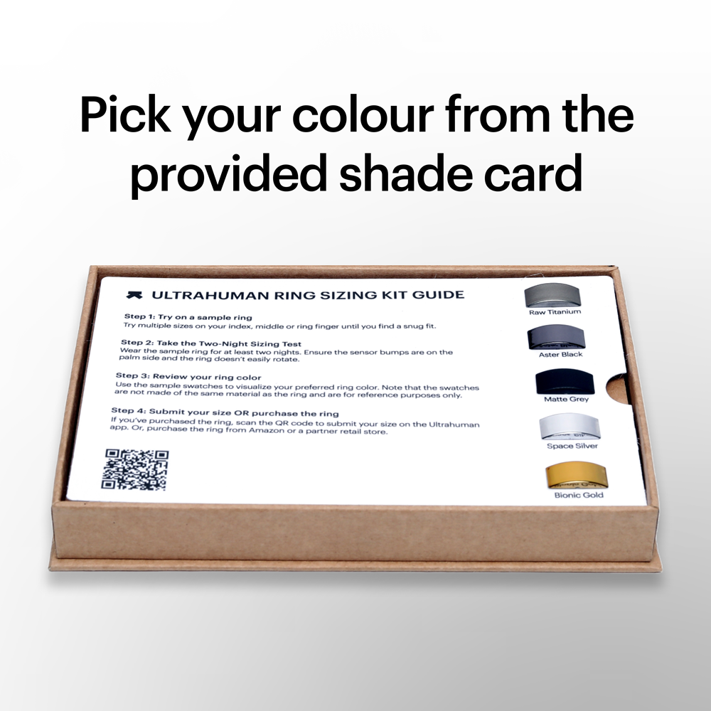 Ultrahuman ring sizing kit with shade card showing ring colors for smart ring sizing