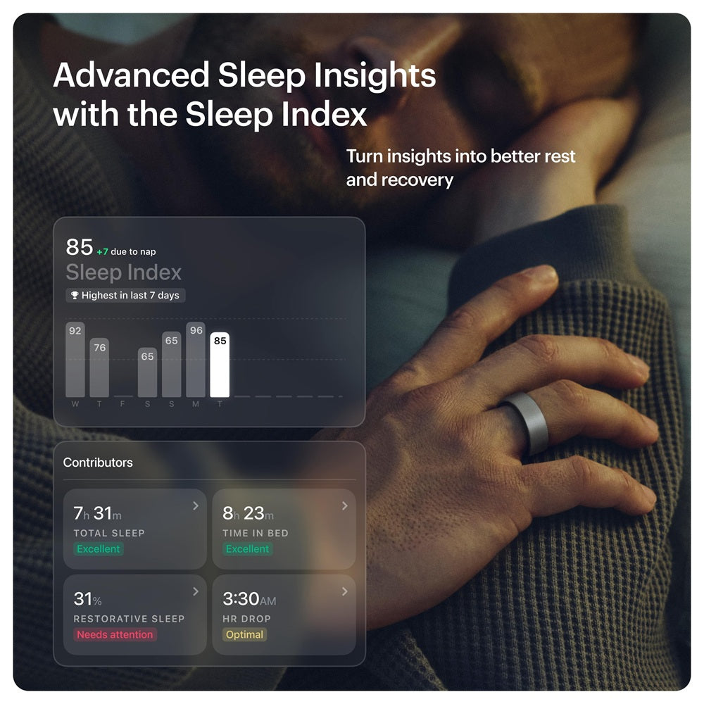 Ultrahuman smart ring on hand tracking advanced sleep insights with detailed sleep index and recovery data
