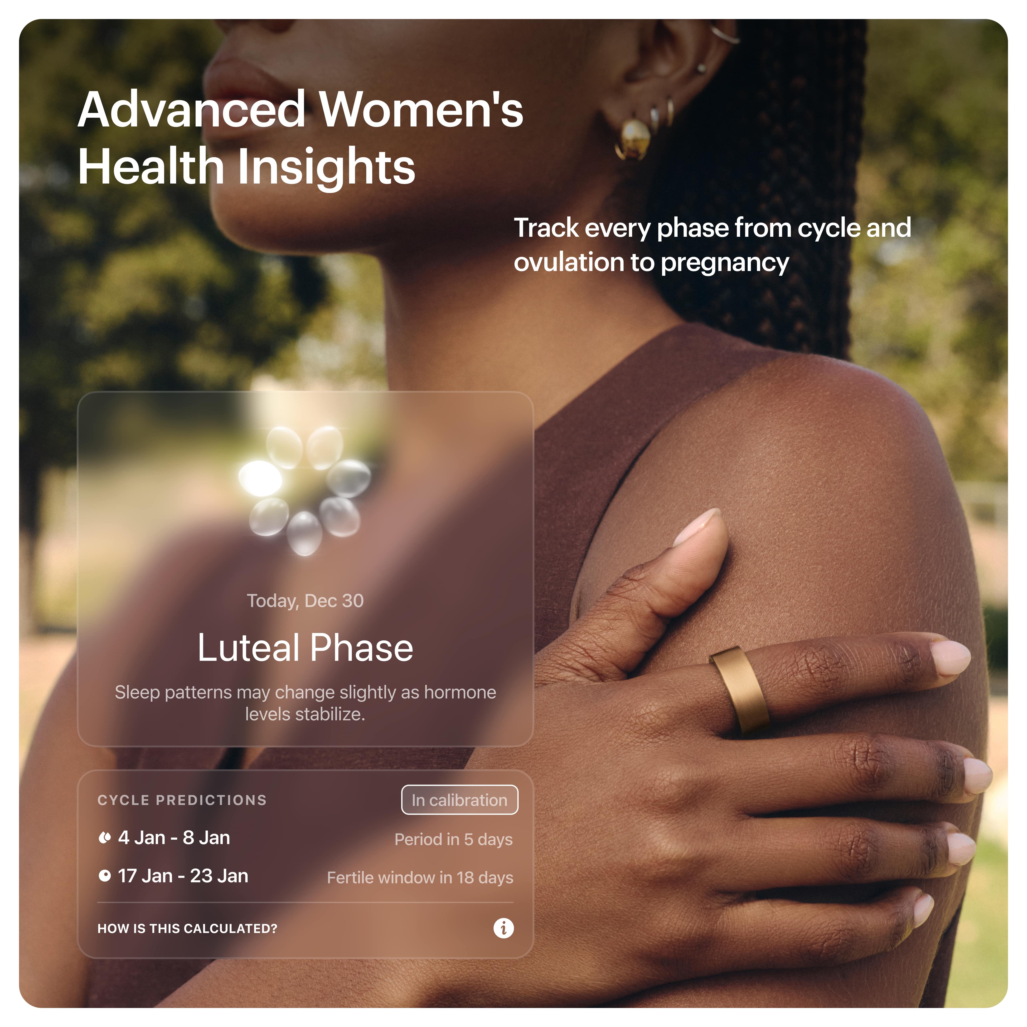 Ultrahuman smart ring displaying advanced womens health insights tracking menstrual cycle phases and pregnancy