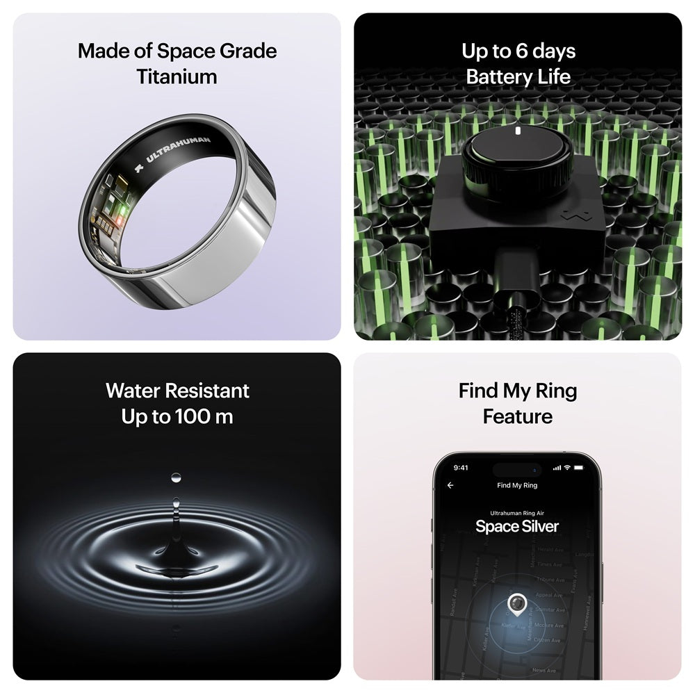 Ultrahuman smart ring made of space grade titanium with water resistance and 6 days battery life
