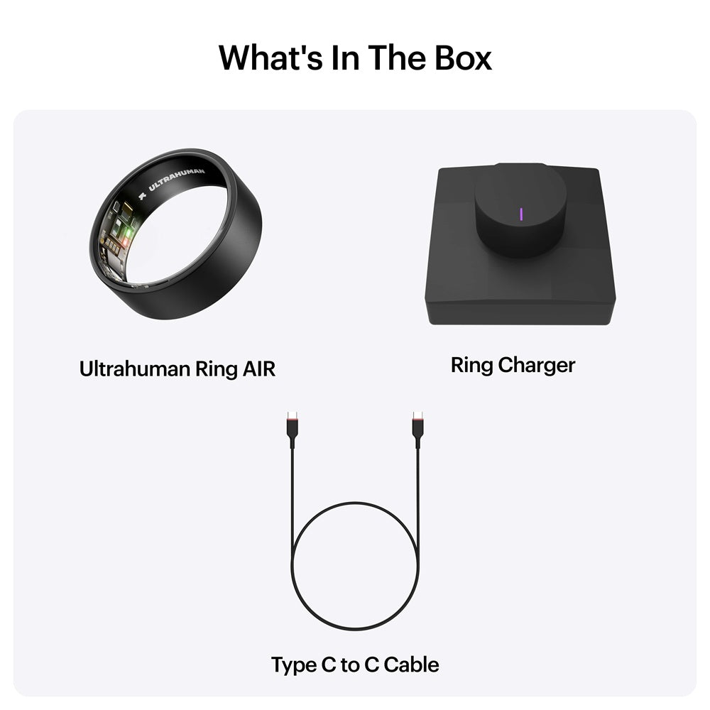 Ultrahuman smart ring with ring charger and Type C to C charging cable included in the box