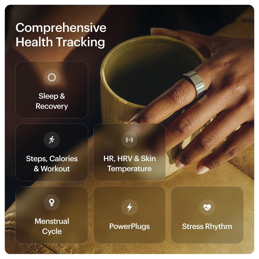 Ultrahuman smart ring on finger showing health tracking features like sleep recovery, heart rate, and stress rhythm