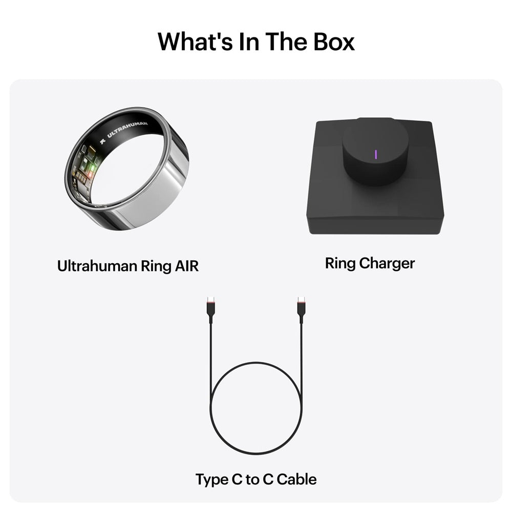 Ultrahuman smart ring with ring charger and Type C to C cable shown in the box contents
