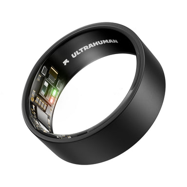 Ultrahuman black smart ring showing internal electronic components and branding