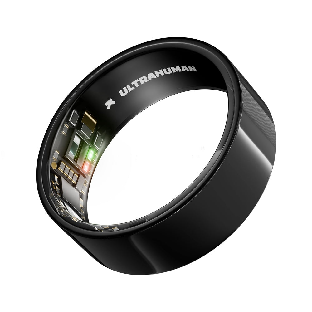 Ultrahuman black smart ring showcasing internal electronics and sleek design