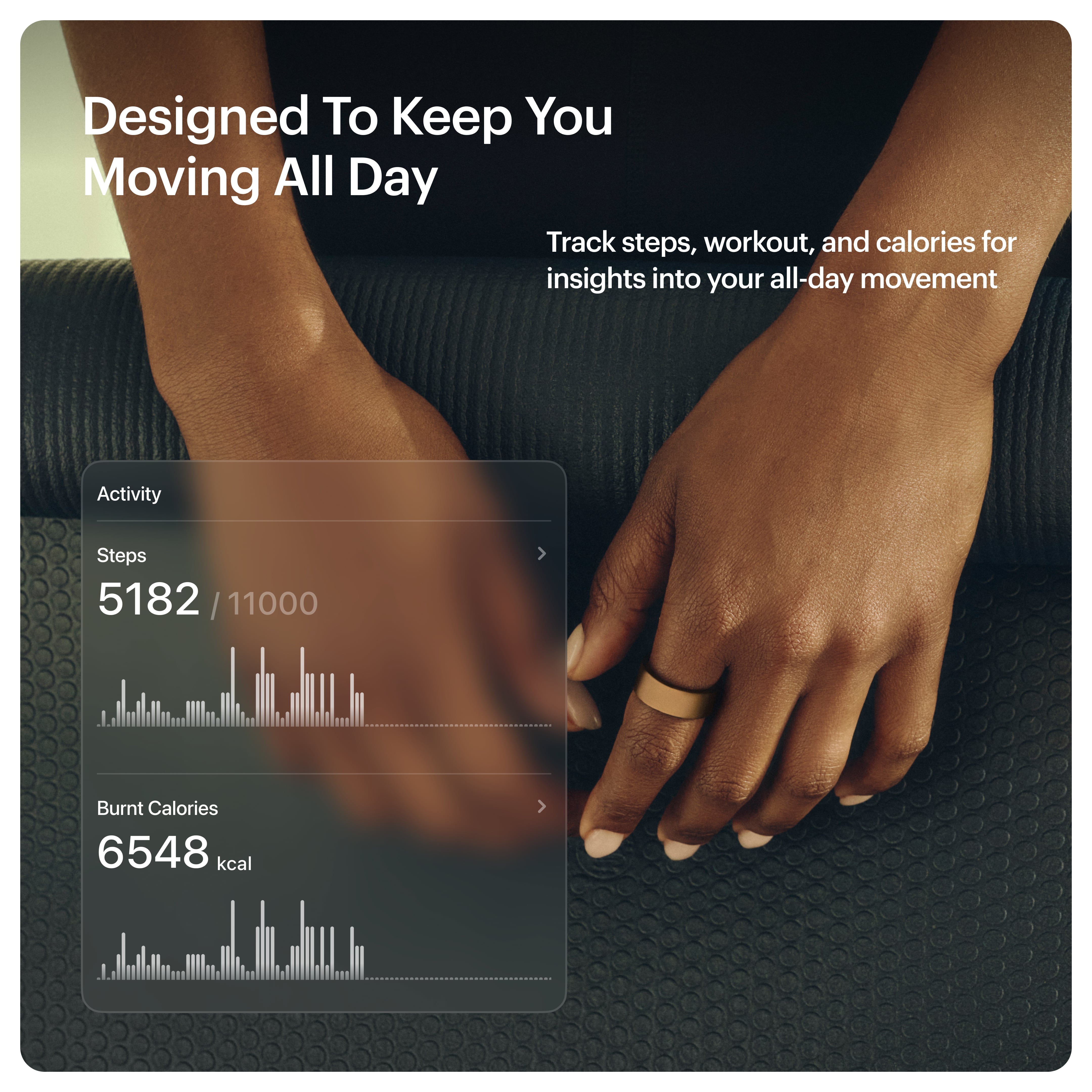 Ultrahuman smart ring worn on hand tracking steps and calories burned for all-day activity