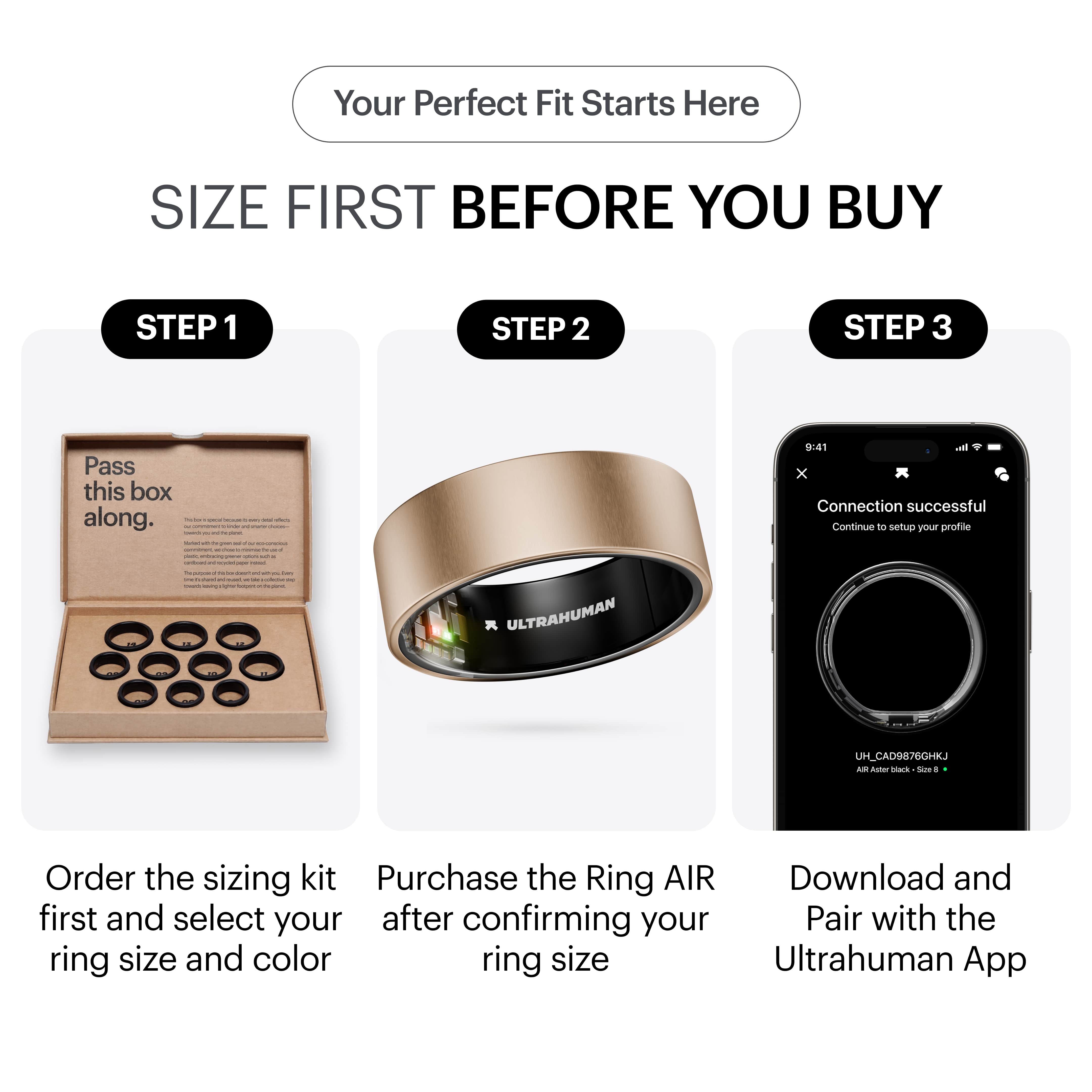 Ultrahuman smart ring sizing kit with multiple ring sizes box and gold smart ring next to phone app pairing screen