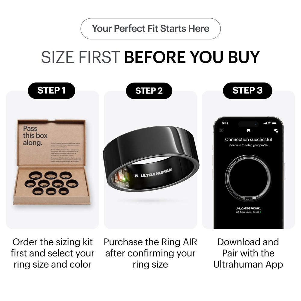 Ultrahuman smart ring sizing kit, sleek black smart ring, and mobile app pairing process
