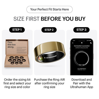 Ultrahuman smart ring size guide showing sizing kit gold smart ring and app pairing steps