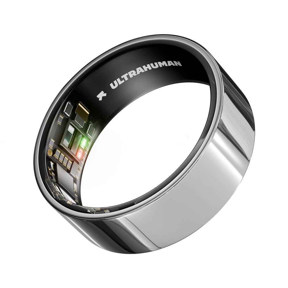 Ultrahuman smart ring with sleek silver design and visible internal electronic components