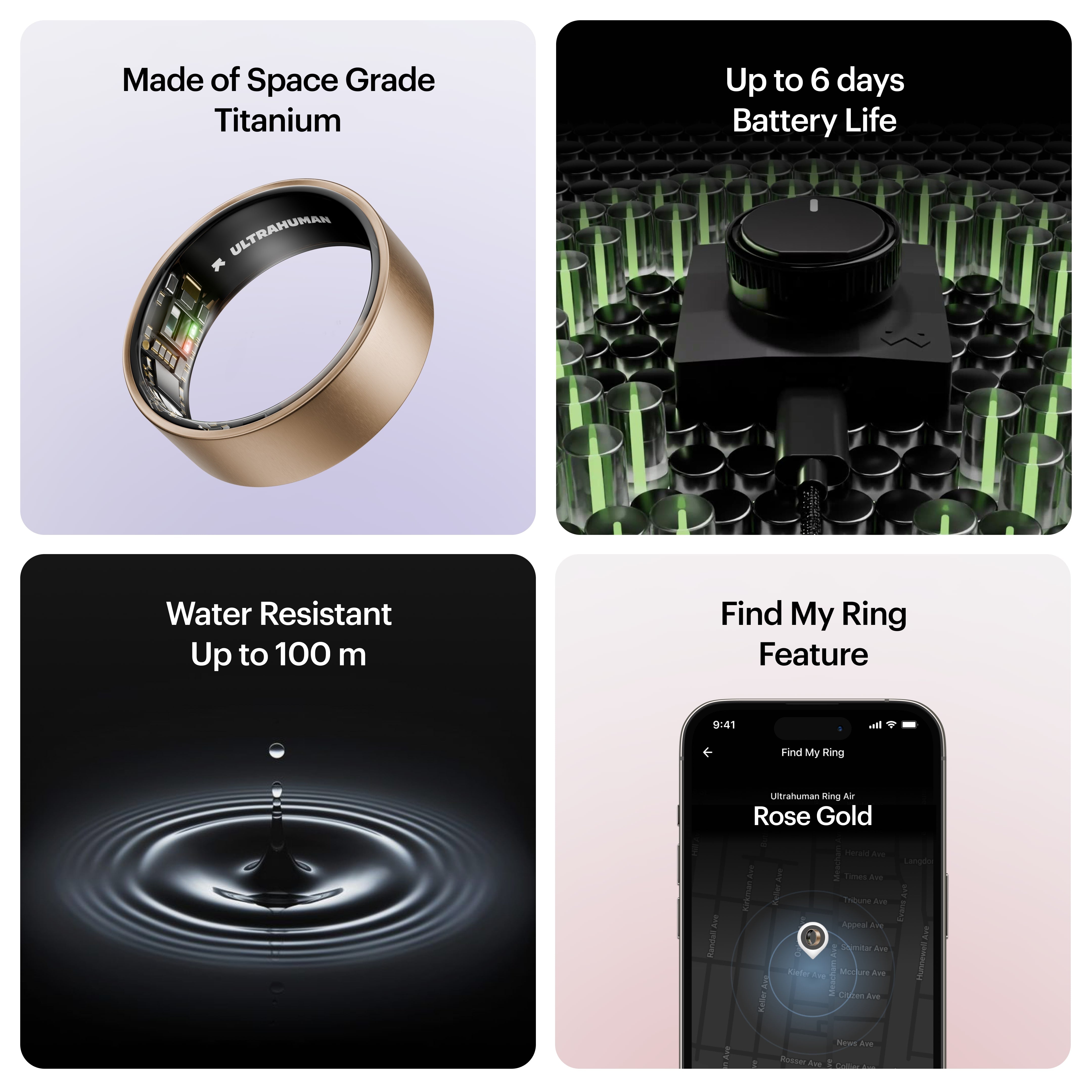 Ultrahuman smart ring made of space grade titanium with 6 days battery life water resistant and find my ring feature