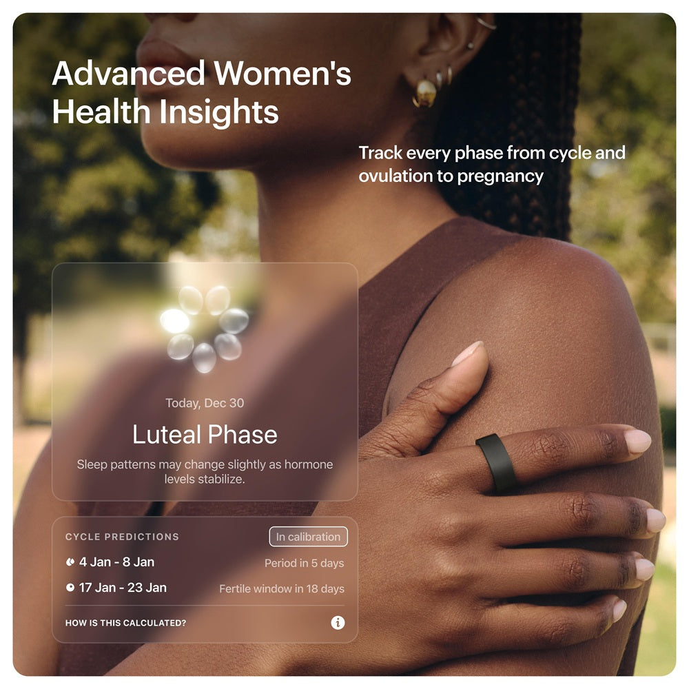 Ultrahuman smart ring on a woman's finger providing advanced women's health insights and cycle tracking