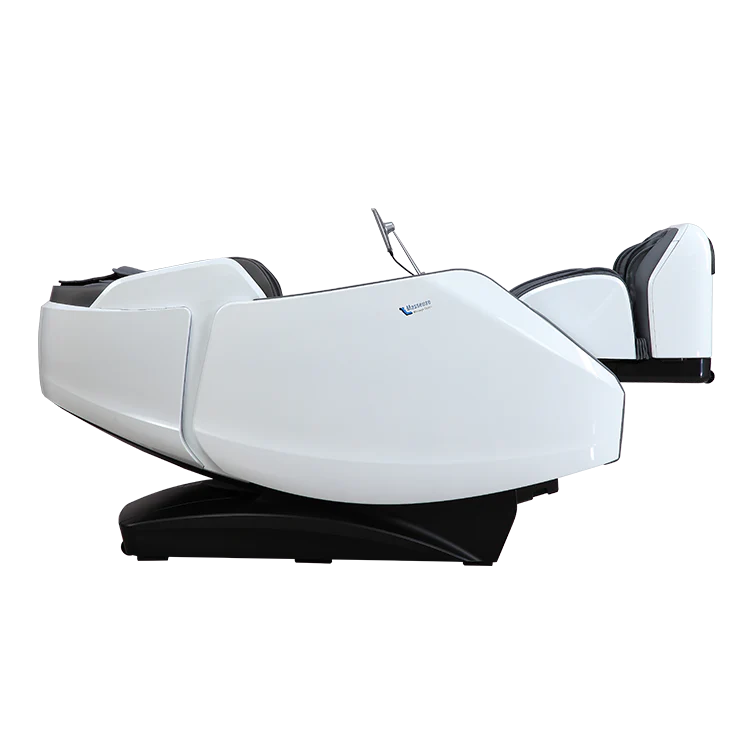 White massage chair by Masseuse Massage Chairs with ergonomic design and black leather cushioning