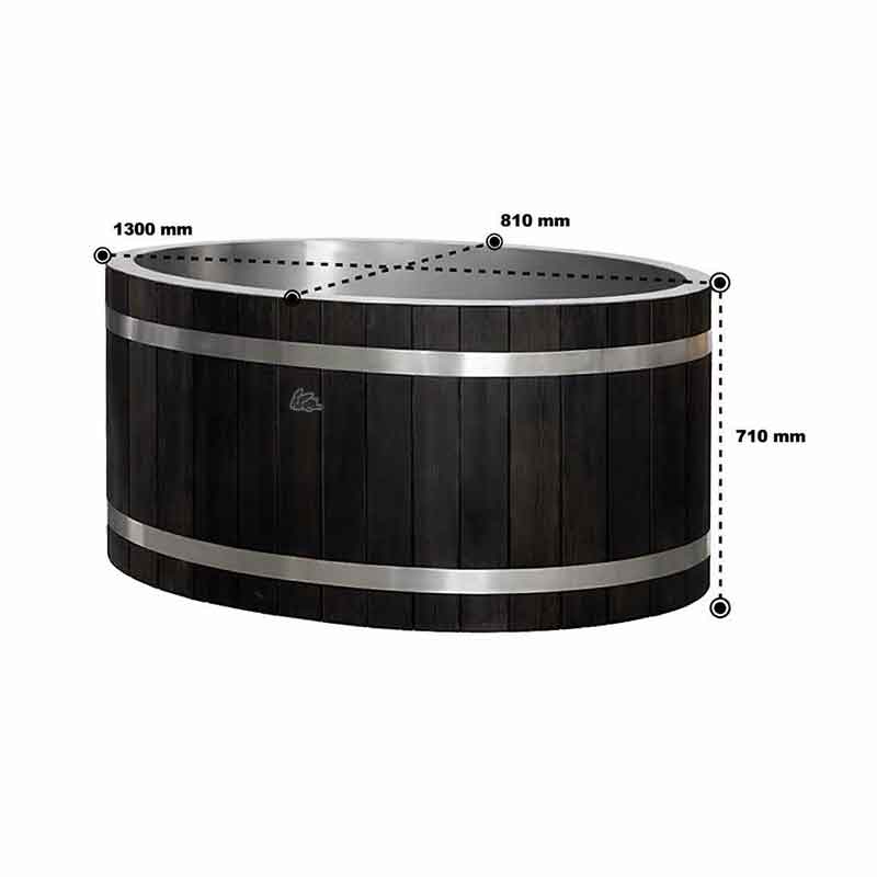 Chill Bunny wooden ice bath tub with metal bands and dimensions for cold therapy