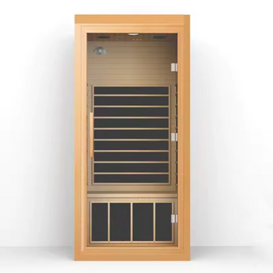 Stryke Recovery infrared sauna with wooden frame and glass door for personal wellness and relaxation
