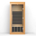 Stryke Recovery infrared sauna with wooden frame and glass door for personal wellness and relaxation