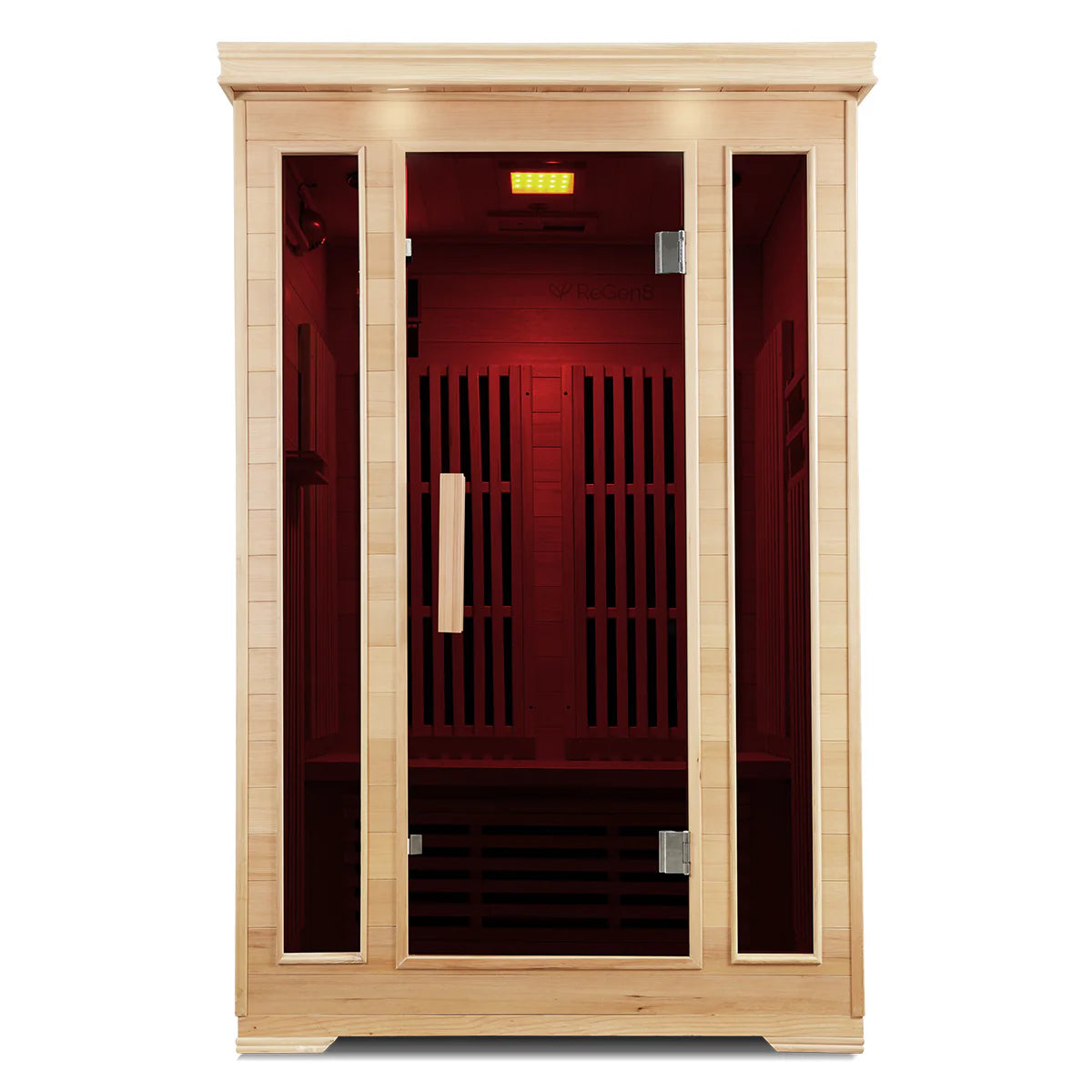 Lifespan Fitness wooden sauna with glass door and red interior lighting for home relaxation