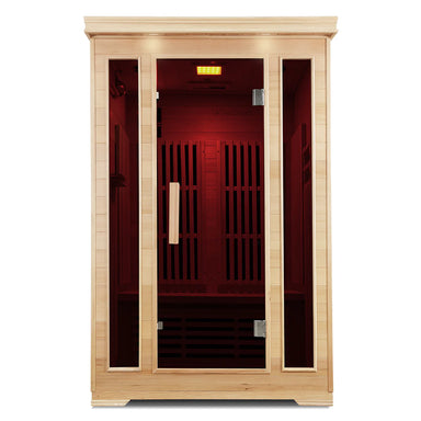 Lifespan Fitness wooden sauna with glass door and red interior lighting for home relaxation