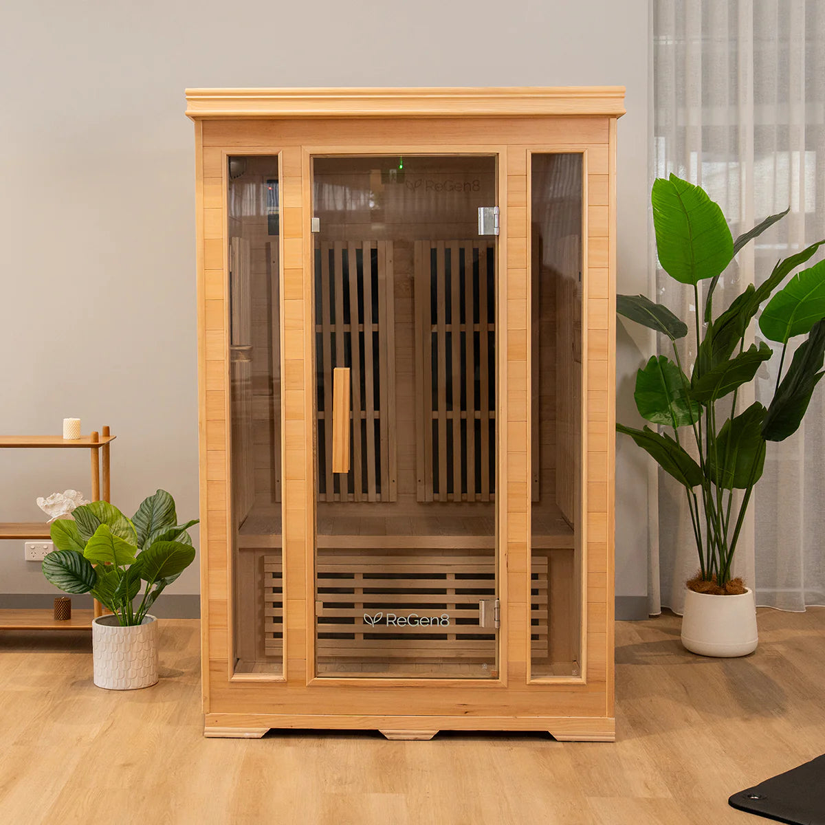Lifespan Fitness wooden sauna with glass front door in a modern home setting